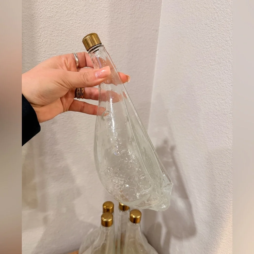 Vintage Italian Glass Pear Decanter Set 5 Bottles Brass Leaf Stand MCM 1960s